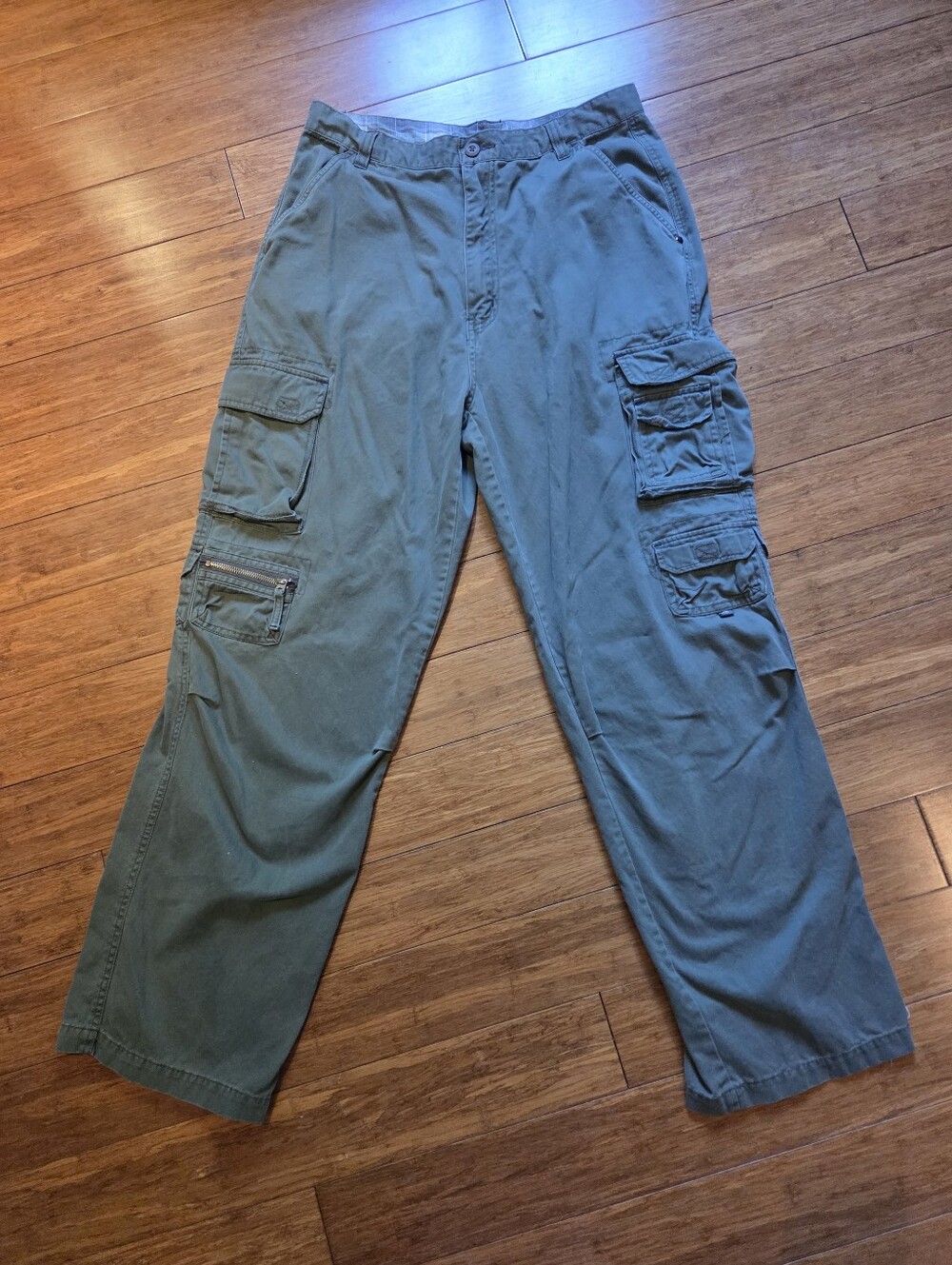 Global Mind Y2K Olive Cargo Pants Mens 34 Wide Leg Skate Utility Baggy Cotton
